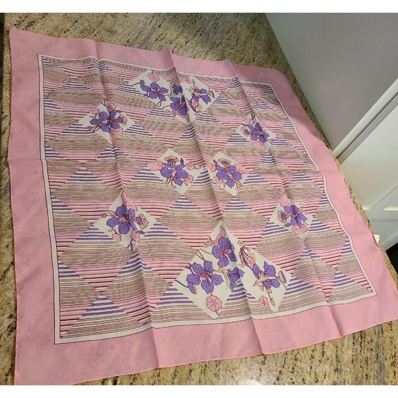 Vintage Ben Goodman Pink Purple Floral Lily Geometric  SCARF 26" Italy - Picture 1 of 10